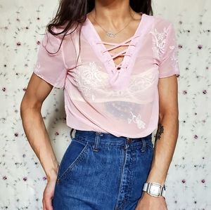 Y2K Baby Pink Corset V-neck Mesh Tee